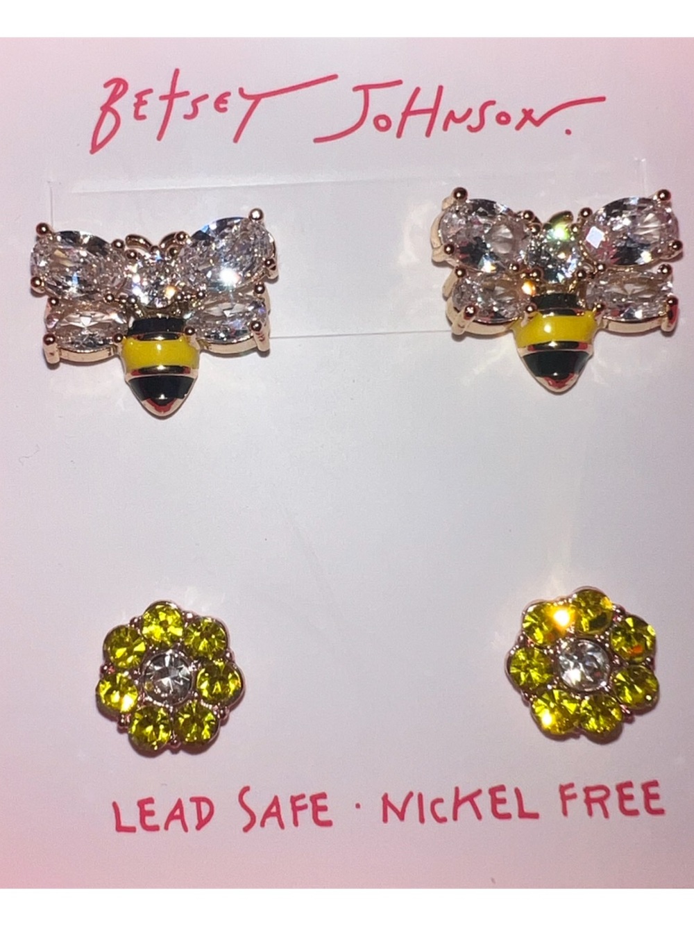 Betsey Johnson Yellow Enamel Bee & Yellow Crystal Flower Earring Set in Box